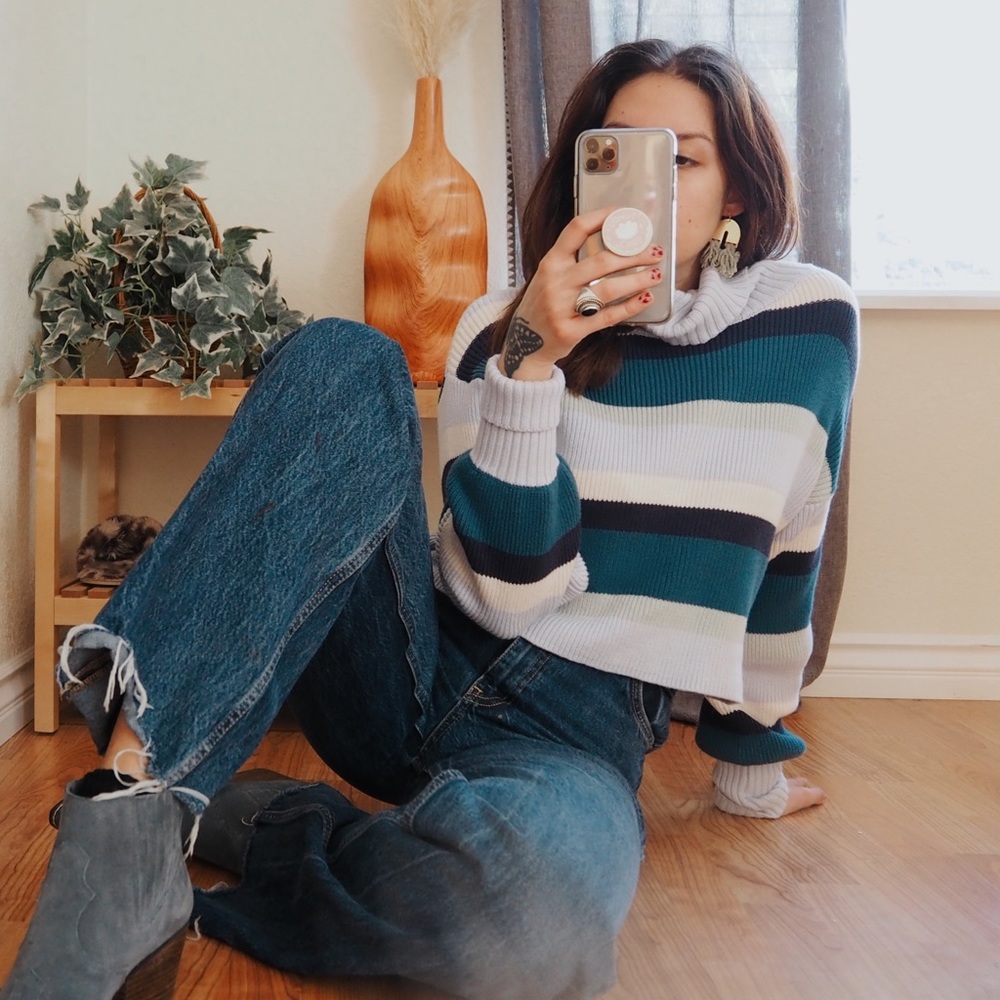Turtleneck Striped Sweater Cropped